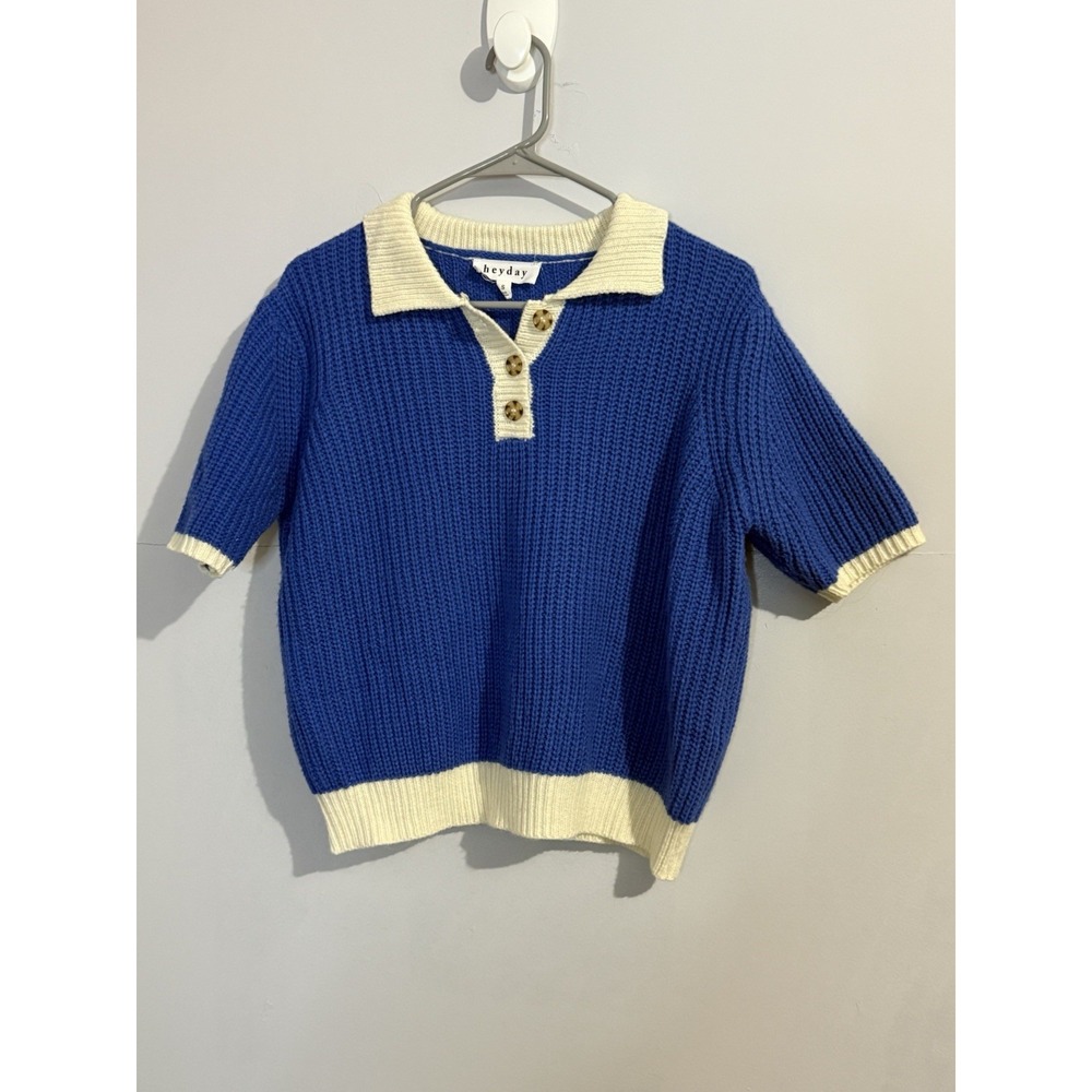 Hey Day Blue Knit Women's Short Sleeve Oversize‎ Cropped Short Sleeve Shirt Sz S